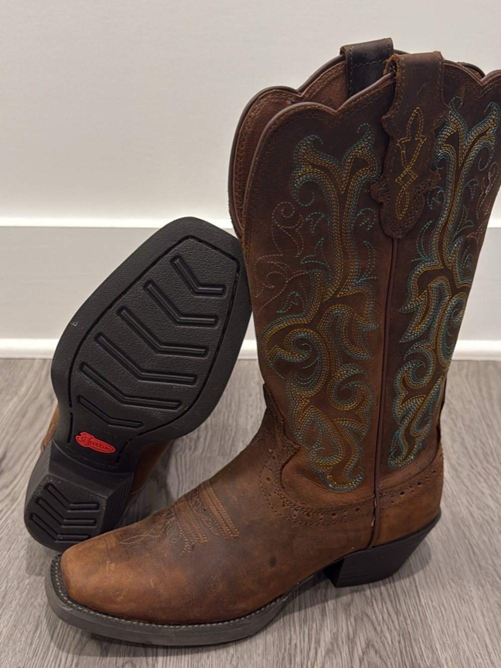 Justin Boots Brown Leather Western Boots with Turquoise & Gold Stitching